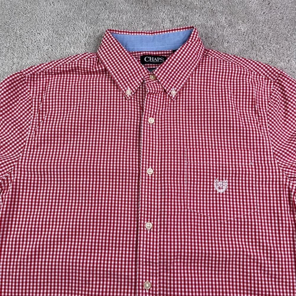 Chaps Shirt Mens Large Red Gingham Checkered Short Sleeve Button‎ Up Crest